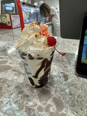 Hot fudge sundae with vanilla ice cream, whipped cream, and nuts.