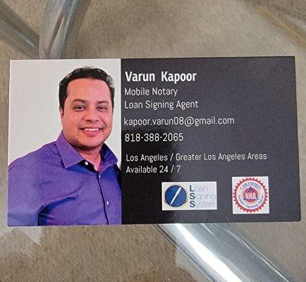 Business card regarding information for notary purposes.