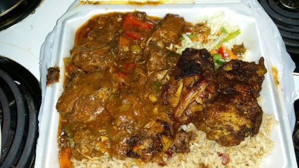 Jerk chicken, stew chicken, rice and peas & cabbage. So delicious!!!!!