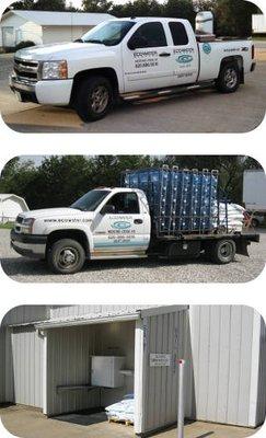 Trucks ready to go.  Lower picture shows Purified Water Fill Station and salt available for pickup at 327 1/2 W. Stolp in Medicine Lodge.