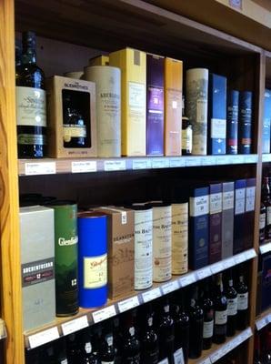 Great selection of single malt Scotch and other spirits.