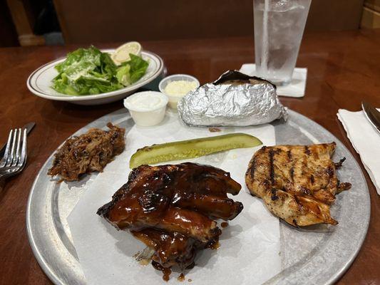 Ribs, pulled pork, chicken breast. All with homemade BBQ sauce. yum!