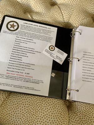 Binder from Lone Star Legal Services with all my trust documents.