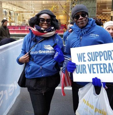 "AD-MO" Addo and Monifa at the Veterans Day Parade 2017 marching representing Silver Sneakers at Southbridge Fitness Center