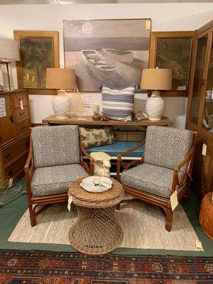 Pair of vintage bamboo chairs with blue and white upholstery