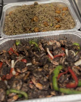 Black Djon djon rice with shrimp and Jerk Shrimp #partyplatters