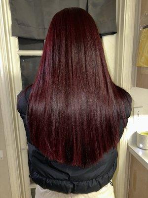 Colored dark red, shampooed and conditioned, blow dried