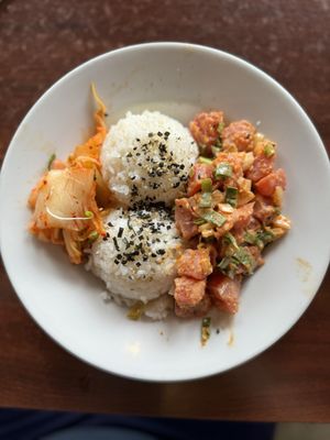 Spicy ahi poke with rice and kimchi