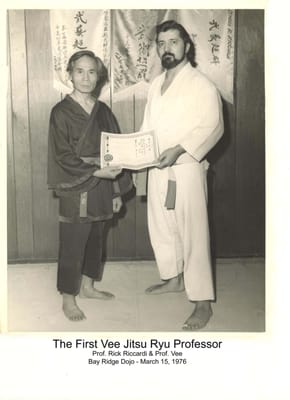 The first Professor!  Prof. Rick Ricardi, 3/15/76.  10th Dan, founder Niseido Ju Jitsu.  Awarded by Prof. Vee.