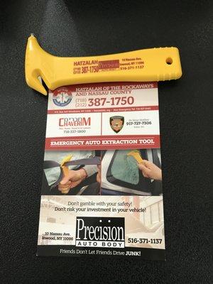 Lifesaving Tool to cut seatbelt and break window to escape car.