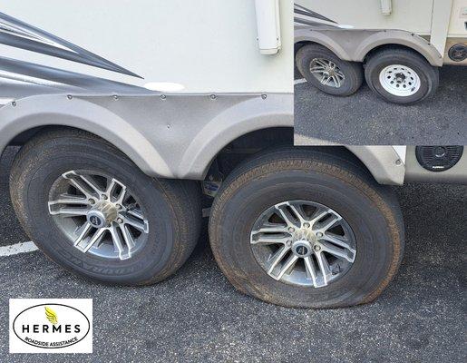 RV trailer flat tire change service in Jacksonville FL by Hermes Roadside Assistance