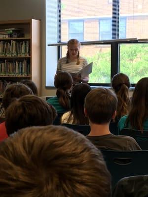 Our library studies program uses literature and library resources to enhance classroom learning. Our 8th graders love oral interpretation!