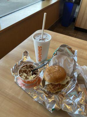 Golden BBQ Chicken Sandwich w/ Bacon & Cheese, Red Beans & Rice, & Strawberry Cane Sweeeet Iced Tea