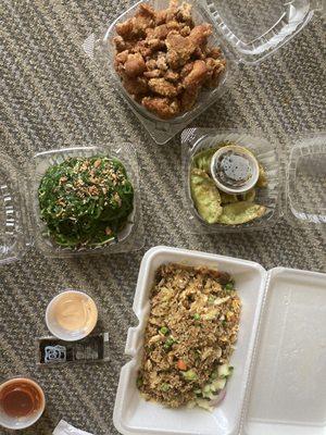 Chicken Karaage, Seaweed Salad, Veggie Gyoza, pork Fried Rice.