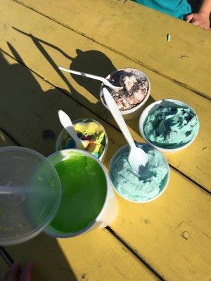 Our loot: lemon lime slush, super man, moose tracks, mint chocolate chip and blue moon. $13 even for it all.