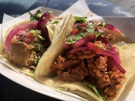 Al Pastor (right) and Carnitas (left. Duh.) tacos. Both a bit dry.  Not bad. Not fabulous. Solid 3 Stars.