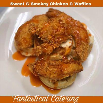 This one of our crowd pleasing dishes! It's one of the most requested at many events. This dish is our sweet and Smokey chicken and waffles.