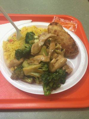 Chicken and broccoli with fried rice and egg roll. $7.51