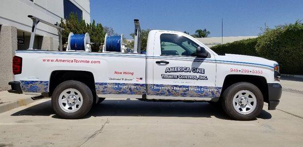 Custom graphics for America One Termite Control, Inc. service truck. Another Happy Customer! Thanks Tim.