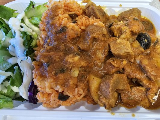 Pastele stew w/ gandule rice & salad