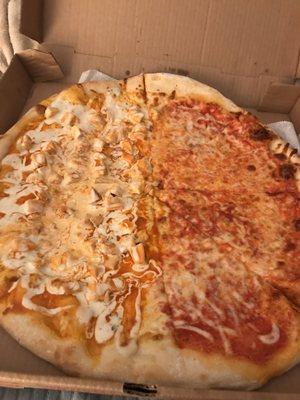 Takeout order of half buffalo chicken pizza and plain.