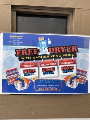 Free dry with wash Tuesday Wednesday Thursday