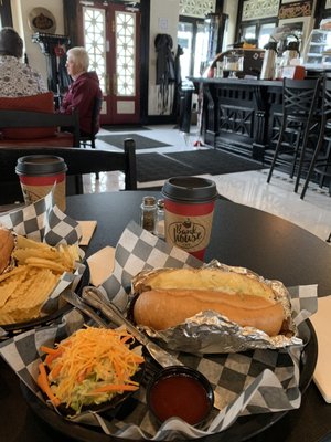 Cheesesteak sandwich and a hot coffee. Yum!