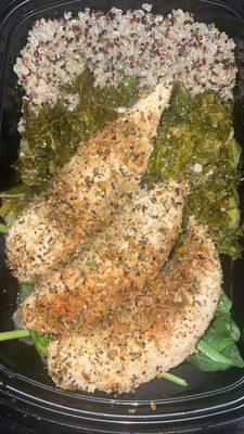 Ree Fit Lunch. 
Chicken tenderloins over a bed of spinach, kale, and quinoa.