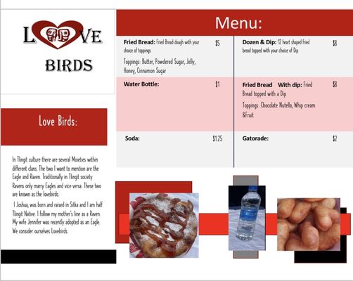 Love Birds Menu, subject to change