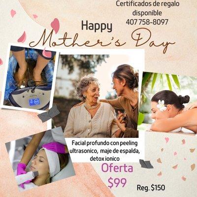 Day Spa oferta de madres. Facial profundo con peeling ultrasónico,  masaje de espalda y detox ionico ESP. $99 Reg. 150