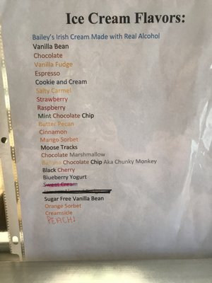 Clymer's ice cream menu