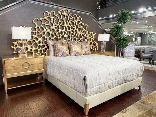 With an organically fan shaped half-moon headboard of aerated bubble forms, this truly spectacular hand carved bed is one-of-a-kind.