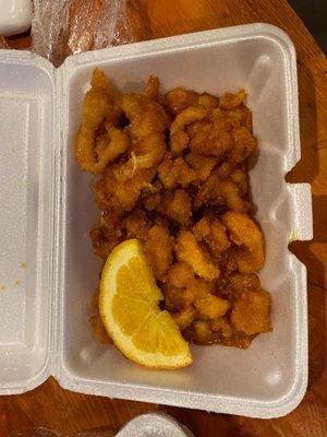 Orange chicken where all you can taste is mini donuts, looks nothing like the picture on the menu.