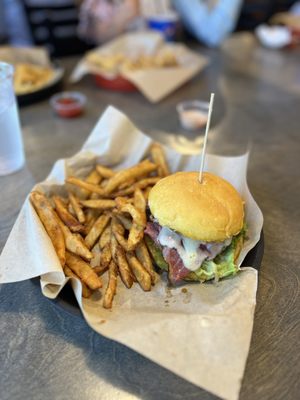 Pastrami burger with beer battered fries