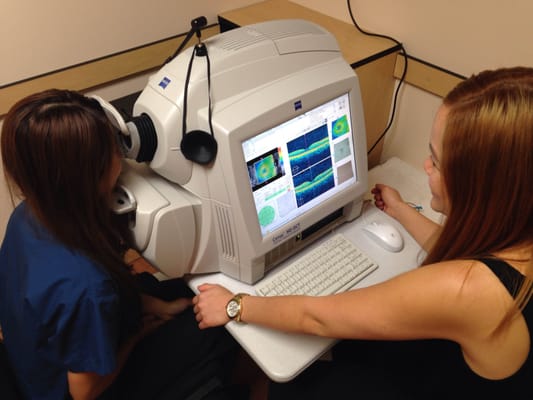 Special testing machines to diagnose and treat medical eye conditions.  Featured is an ocular coherence tomography machine