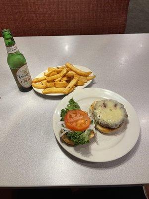 Angus burger, American cheese, and LTO. Also, mayo. Steak fries, and a Yuengling lager.