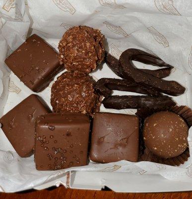 5/20: Assorted chocolates @ $23.50 lb-- Haystacks, sea salt caramels, raspberry caramels, orange peels, & a raspberry truffle.