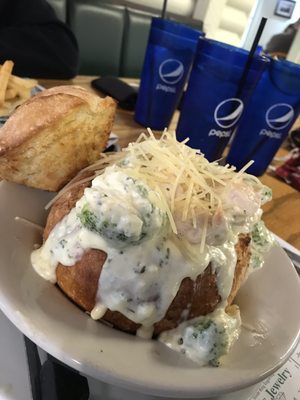 Chicken broccoli alfredo in a bread bowl