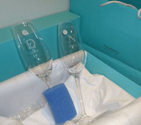 We engrave champagne glasses, liquor or wine bottles