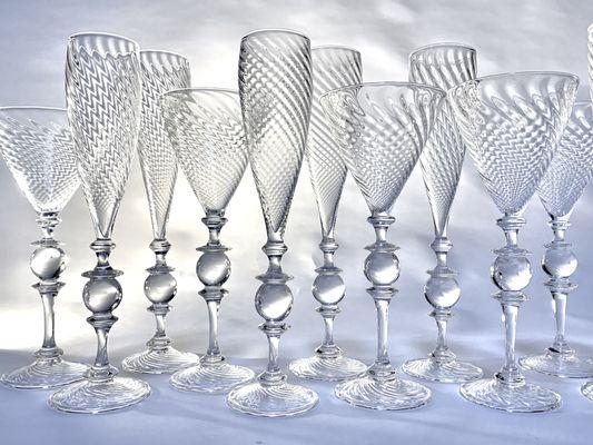 Hand blown clear glass goblets and flutes