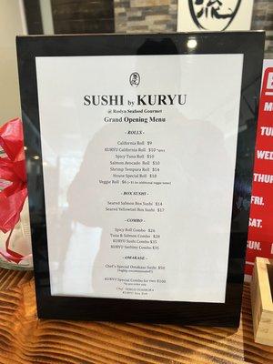 Sushi menu by chef that worked at Nobu