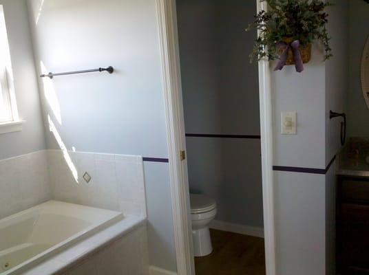 Custom bathroom with purple stripe.