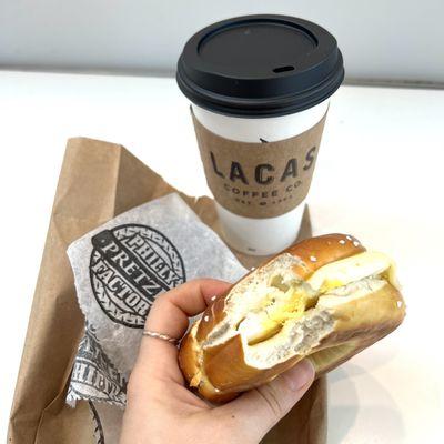 egg & cheese pretzel bagel with coffee combo - great breakfast option in Terminal F!