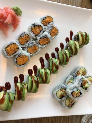 Sweet potato roll, peanut-avocado roll, dragon roll