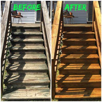 Powerwashing deck steps before staining