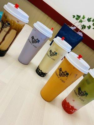 Brown Sugar Milk Tea with Boba, Taro, jasmine milk tea with boba, Thai Milk Tea, Fresh Strawberry Matcha Latte