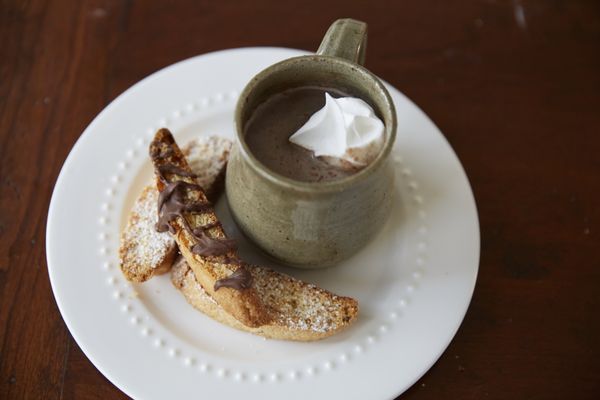 Hot cocoa with biscotti from Baker's Lane Biscotti