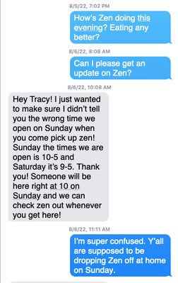 Text not mentioning Zen's wellbeing Saturday mid morning.