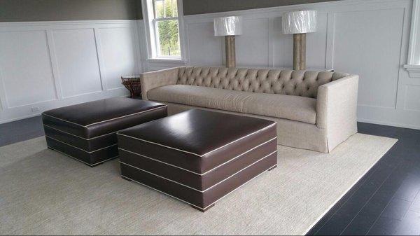 Custom tufted back sofa & 2 large ottomans