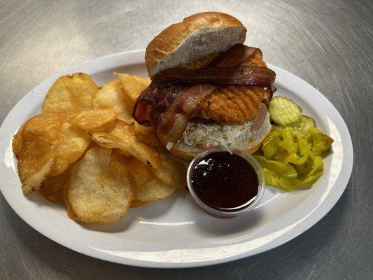 Fried Hot Butter Chicken Sandwich with Fresh-cut Fries or Chips.